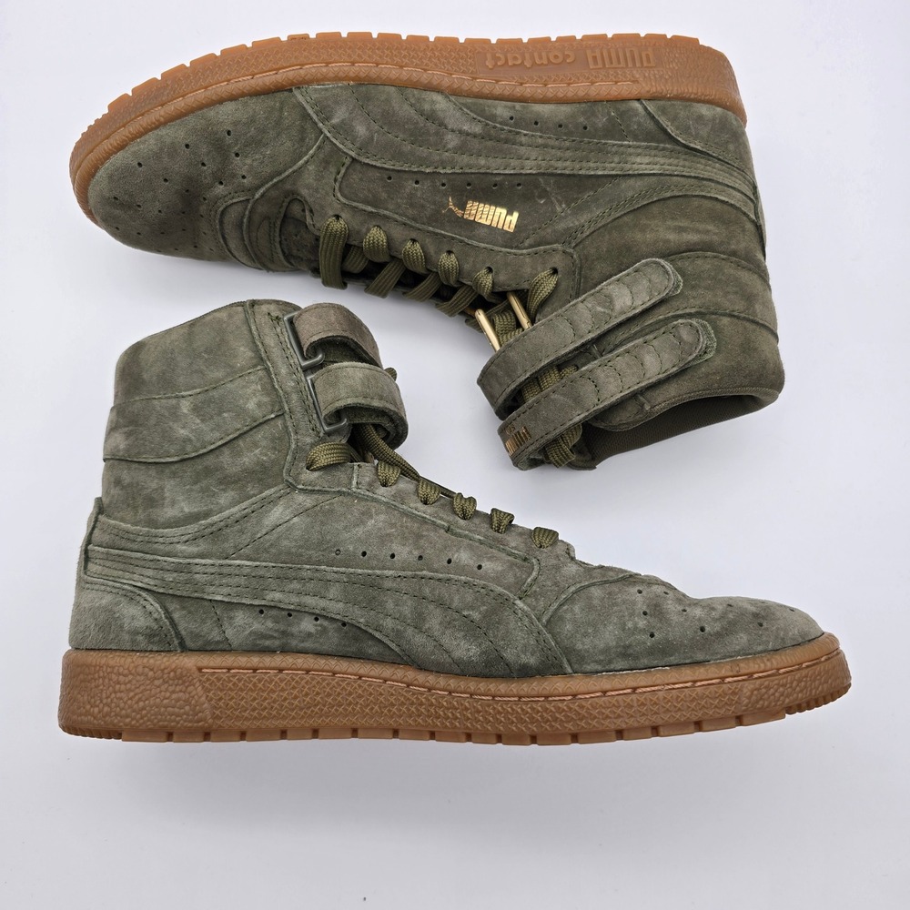 Puma Sky II Hi Olive Green Suede Gum Sole High Top Sneakers Women Gold Logo - Picture 3 of 6